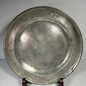 Antique Rare 1800’s  initialed Pewter Dinner Plates Preowned set of 4 marked with London incised 9.25” scratches and scuffs