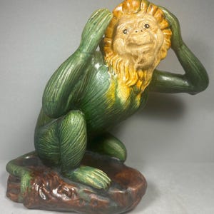 Vintage Rare!  Majolica Monkey figurine “ Hear no Evil” MCM Handpainted Statue 7.5” T x8” W  Excellent Condition!