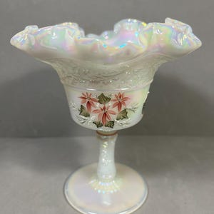 Vintage Fenton Pearl Iridescent Crimped Glass Compote Ruffled Edge Hand-Painted Flowers by C Smith Beautiful!