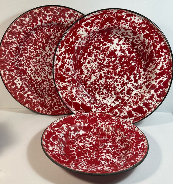 Red Spatterware Enameled Tin Set of 3, Two Bowls 10” and 8” and