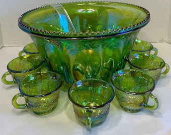 Vintage Indiana Iridescent Carnival Glass Green Iridescent Vintage Punch Bowl Set with 12 Cups clear ladle in excellent condition
