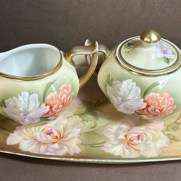 Antique Royal Munich Bavaria Creamer And Sugar With Lid Peash Rose Gold Trim Tray is RS Germany set of 4 Beautiful!