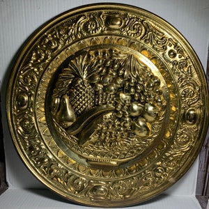 Vintage Large Brass Wall Decor Fruit Basket Metal Embossed Wall Hanging  17” Hammered Brass 1960’s  Great Condition!