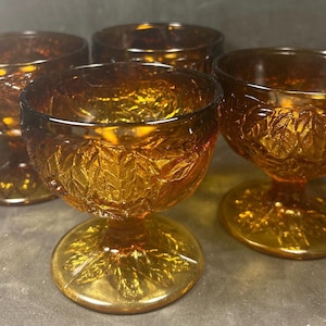 Vintage Amber Indiana Glass Tiara Burnt Honey Sweet Pear Avocado set van 4 Sherbert-dessertkopjes glaswerk uitstekende staat!