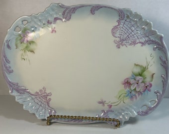 Vintage Vanity Tray Handpainted Purple and  Light Blue Floral Trim Cutout Ends  12” x 8.5” Beautiful Dish/ Tray Dresser Tray