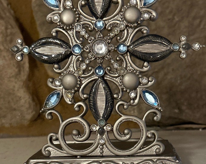 Snowflake Stocking Holder With Blue Jeweled Bling Heavy Silver Metal