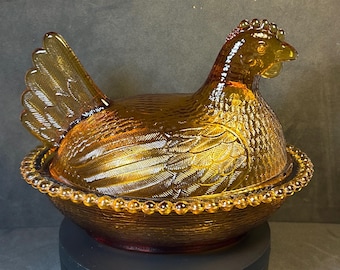 Hen on nest, Indiana glass, Chicken Bowl, Vintage Glass, Chicken