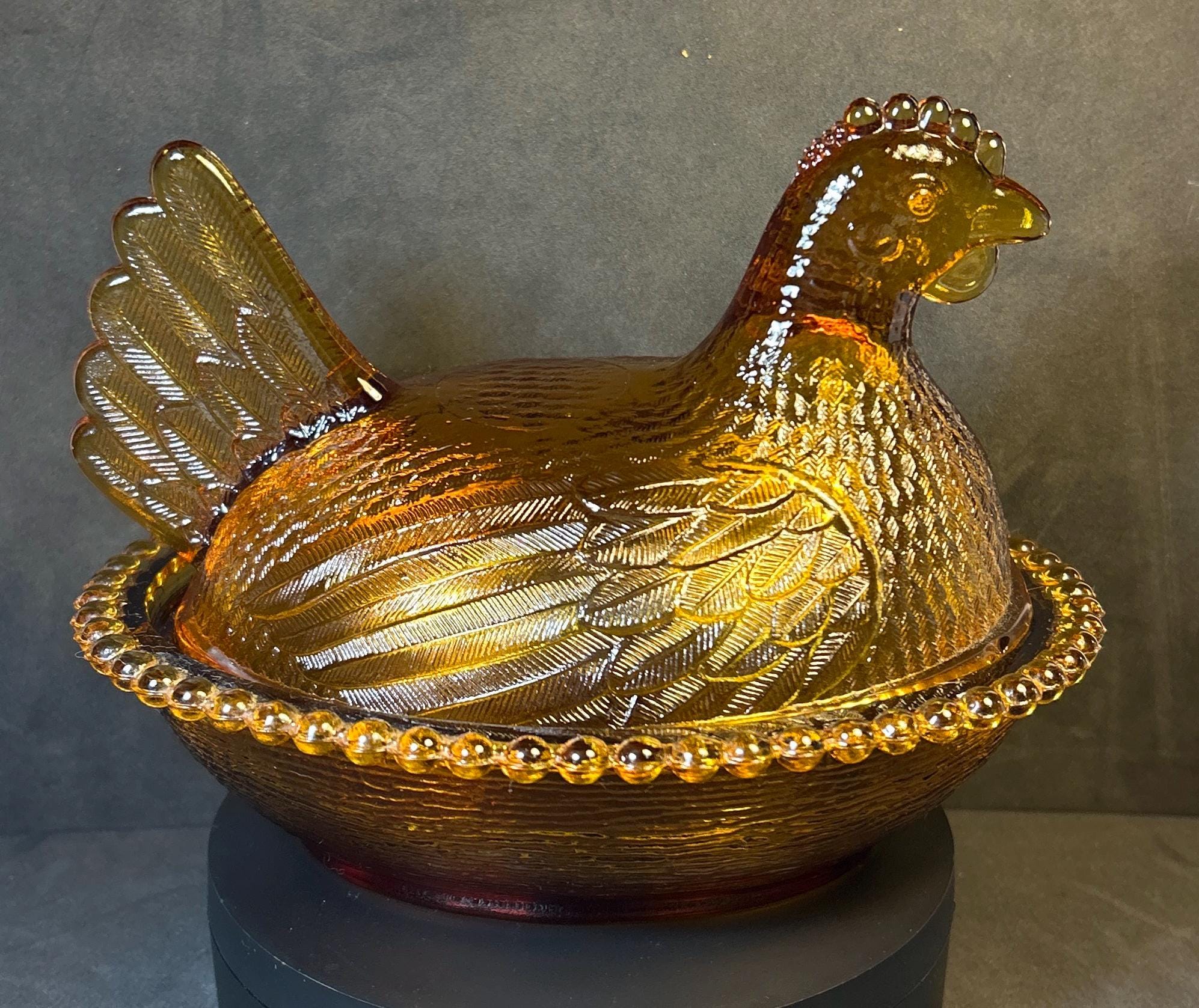 Vintage Indiana Glass Amber Gold Hen on Nest Covered Dish