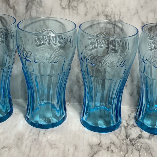 Coke Glasses Ice Blue Coca Cola Glasses set of 4  Tumbers 6” Bell Shaped Excellent Condition