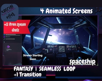 4x Animated Twitch Stream Screen, cyberpunk spaceship twitch Overlay futuristic spaceship  Setup Room Scene