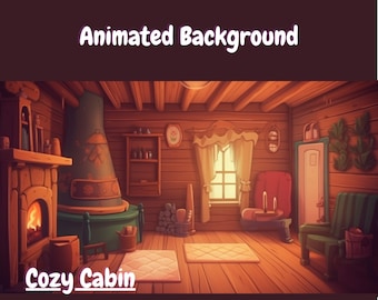 Könnte beinhalten: Ein gemütliches Kabineninnere mit einem Kamin, einem Fenster und zwei Stühlen. Die Wände sind aus Holz und der Boden ist aus Holzdielen. Der Text "Cozy Cabin" ist auf dem Boden geschrieben. Der Text "FANTASY | SEAMLESS LOOP" ist unten im Bild geschrieben.