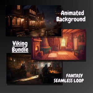 May include: A digital illustration of a Viking village at night. The image is part of a Viking bundle and includes an animated background with a seamless loop. The image is a fantasy scene with a warm color palette.