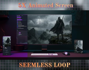 May include: A desktop computer, two smartphones, and a mouse are on a desk. The computer screen displays a dark fantasy scene with a figure on a cliff. The smartphones and computer screen show the text "5X Animated Screen" and "SEEMLESS LOOP".