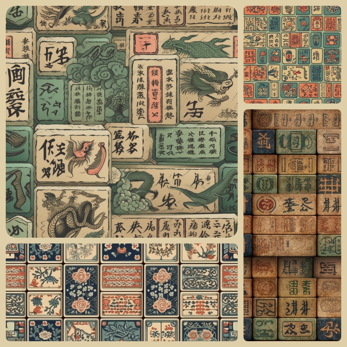 18 Chinese Mahjong Patterns, Asian, Mysterious, Dragon, Unique, by AsianPatternerie