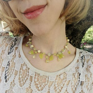 Fairycore Yellow Choker, Bellflower Necklace with Green Leaves, Whimsical Prom Jewelry