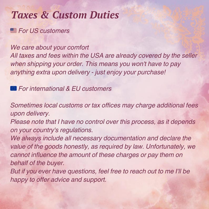 Op de afbeelding: Tekst op een roze en paarse achtergrond met "Taxes & Custom Duties". Het legt het belastingbeleid uit voor Amerikaanse en internationale klanten, met details over kosten en verantwoordelijkheden van de verkoper. De tekst is duidelijk en gemakkelijk te lezen.