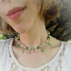 Fairycore Necklace, Botanical Choker, Elven Jewelry with Green Leaves and Pink Flower