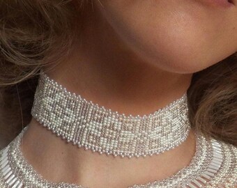 Seed Beaded Folk Choker, Ukraine Jewelry, Beige Transparent