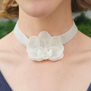 White Beaded Orchid Necklace, Delicate Flower Choker, Coquette Jewelry