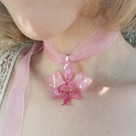 Real Orchid Resin Pendant, Dried Flower Choker, Whimsical Necklace