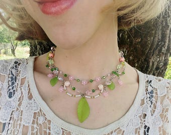 Pink Flowers & Green Leaves Fairycore Necklace, Renfaire Jewelry