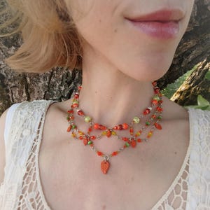 Green & Orange Autumn Necklace, Fall Leaf Choker, October Forest Jewelry