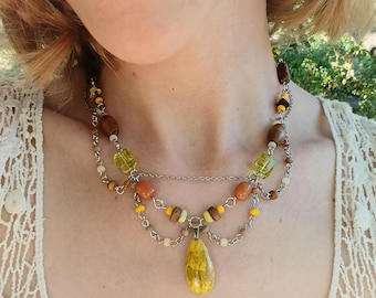Earth Tone Autumn Necklace, Mixed Bead Assemblage Necklace, Goblincore Jewelry