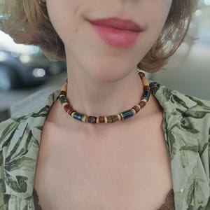 Brown Beaded Choker, Boho Hippie Necklace with Wood and Stone Accents