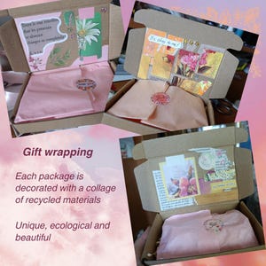 Op de afbeelding: Cadeauverpakkingen in open kartonnen dozen. Elke doos bevat vloeipapier, decoratieve collage-elementen en een sticker. De tekst op de dozen luidt "Er is &eacute;&eacute;n emotie die door zijn aanwezigheid of afwezigheid ons volledig verandert Love" en "It's okay to rest."