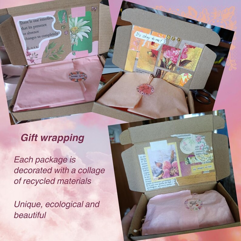 Op de afbeelding: Cadeauverpakkingen in open kartonnen dozen. Elke doos bevat vloeipapier, decoratieve collage-elementen en een sticker. De tekst op de dozen luidt "Er is &eacute;&eacute;n emotie die door zijn aanwezigheid of afwezigheid ons volledig verandert Love" en "It's okay to rest."