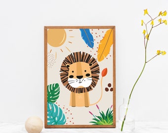 Cute Lion Art, Boho nursery wall art,Jungle Animals Nursery Art set,Nursery prints,Nursery wall art,Baby animal prints,Forest Animal Print
