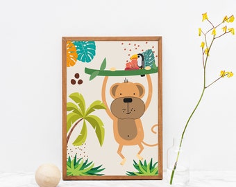 Monkey Jungle Nursery Art Print, Boho Decor (Digital Download)