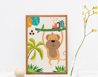 Cute Monkey Art, Boho nursery wall art,Jungle Animals Nursery Art set,Nursery prints,Nursery wall art,Baby animal prints,Forest Animal Print