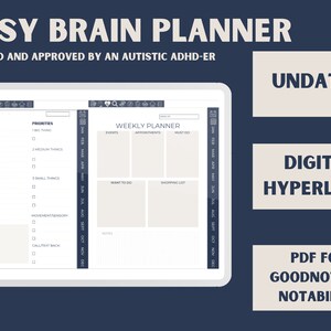 Op de afbeelding: Een digitale planner voor Goodnotes en Notability met een weekplanner, een sectie voor dagelijkse focus en prioriteiten. De planner is niet gedateerd en heeft digitale hyperlinks.