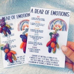 Llavero Rainbow Worry Bear, Regalo de apoyo emocional, Regalo de salud mental para amigos, Tarjeta de emoción, Regalo para recogerme, Llavero Rainbow Bear