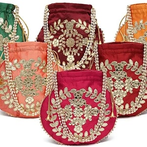 Indian Handmade Women&#39;s Embroidered Gota Patti Potli Bag Pouch Drawstring Bag Wedding Favor Return Gift For Guests