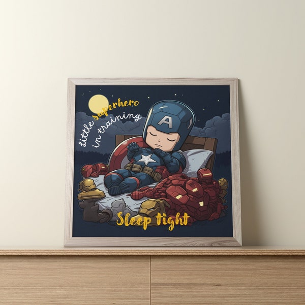 Little superhero in training, sleep tight, Captain America, Printable wall art for kids, bedroom decoration.