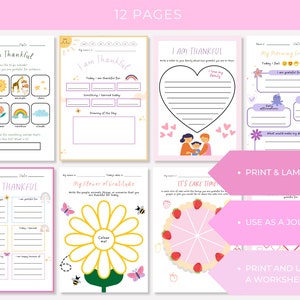 Diario de gratitud para niños imprimible / Hojas de trabajo de gratitud para niños / Diario de atención plena para niños / Libro de trabajo de atención plena / Unicornio rosa Reino Unido EE. UU.