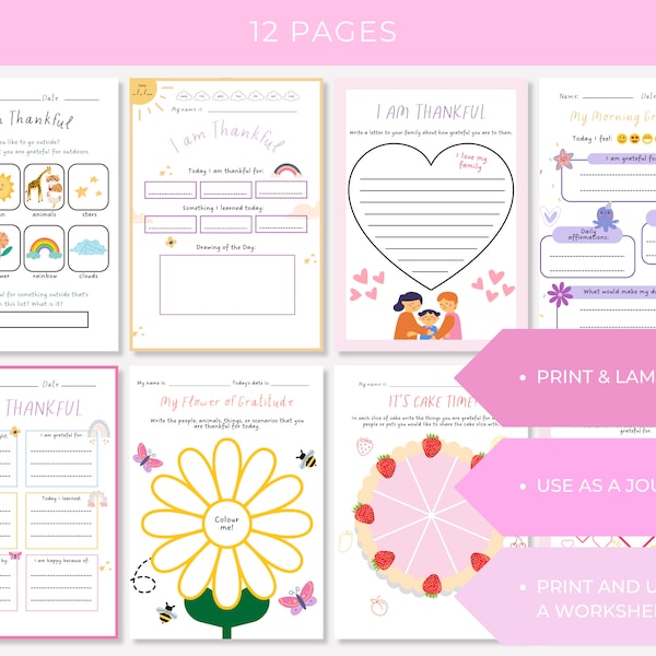 Printable Kids Gratitude Journal | Gratitude Worksheets for Children | Kids Mindfulness Journal | Mindfulness Workbook | Pink Unicorn UK US