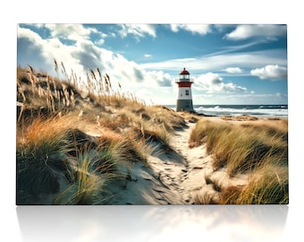 Lighthouse Canvas, Poster - North Sea, Baltic Sea, Sylt Wall Picture Art Print Pictures Wall Decoration Dunes Grass Sea Living Room Framed Art, 6.5201