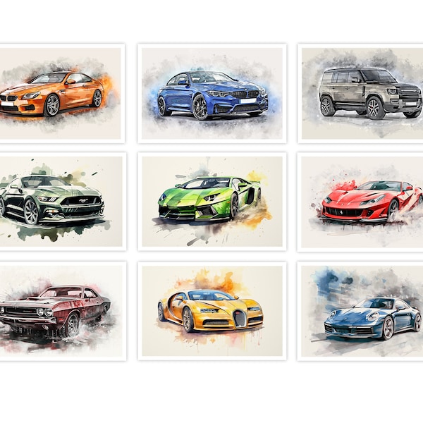 Conjunto de 9 coches de acuarela - BMW M4, Dodge, Lamborghini, Ferrari, Mustang, Land Rover - imágenes JPEG imprimibles de alta resolución, Arte Moderno