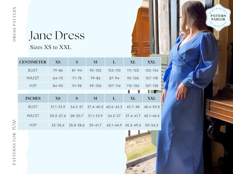 Size guide for 70s inspired wrap dress