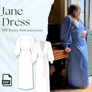 Balloon Sleeve Dress Pattern, Maxi Wrap Dress Pattern, Intermediate Sewing Project, Fairy Dress Sewing Pattern, Puff Sleeve Dress Pattern