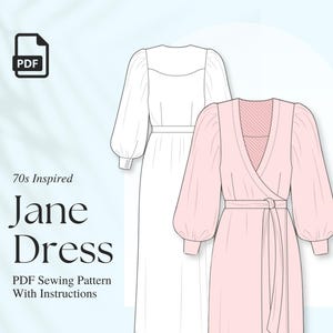 Flat tag drawing of 70s inspired wrap dress for PDF sewing pattern