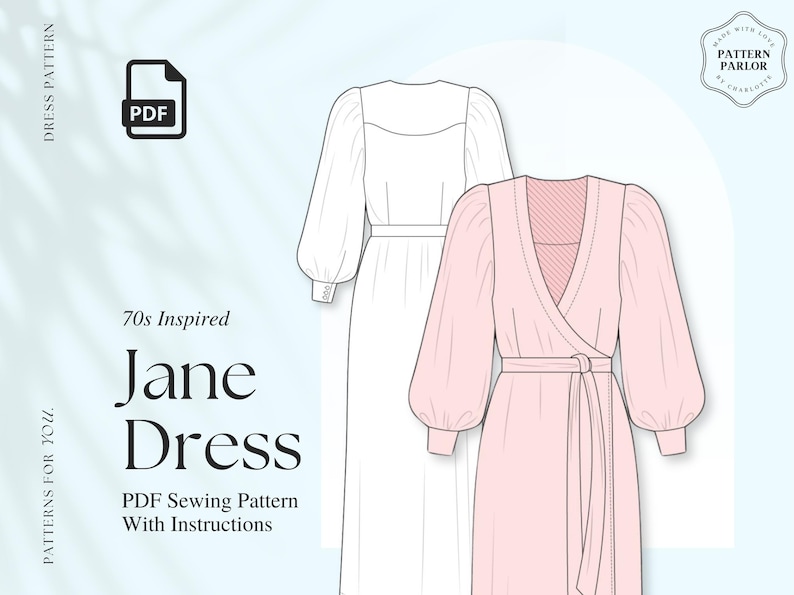Flat tag drawing of 70s inspired wrap dress for PDF sewing pattern