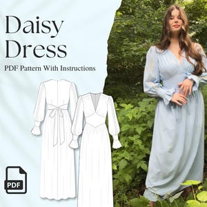 May include: A digital sewing pattern for a long, white, sleeveless dress with a V-neckline and a tie at the waist. The pattern is called "Daisy Dress" and is available as a PDF download. The text "Patterns for You" is on the left side of the image. The text "Made with Love, Pattern Parlor by Charlotte" is in a circle on the top left of the image.