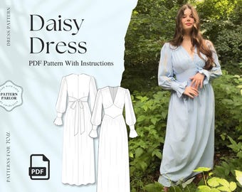 Wzór do szycia sukienki maxi z długim rękawem, średniozaawansowany pdf do szycia, wzór do szycia sukienki z podwyższonym stanem, wzór do szycia sukienki zwiewnej, wzór do szycia sukni