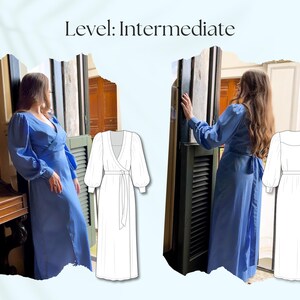 Picture of brown haired woman wearing blue wrap dress with puff sleeves from two different angles. Also flat tag drawing for PDF pattern of Romantic dream 70s inspired wrap dress.