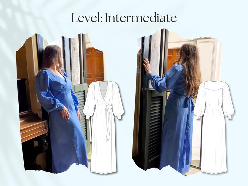 Picture of brown haired woman wearing blue wrap dress with puff sleeves from two different angles. Also flat tag drawing for PDF pattern of Romantic dream 70s inspired wrap dress.