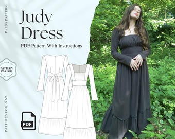 Cottagecore PDF Dress Pattern, Square Neck Dress Sewing Pattern, Dress Sewing PDF, Long Sleeve Dress Pattern, Boho Dress Sewing Pattern